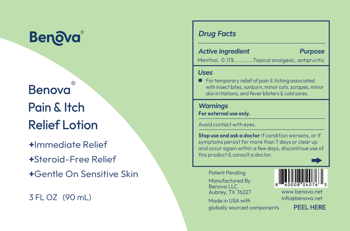 Benova Pain & Itch Relief Lotion packaging with text and product details on a green background