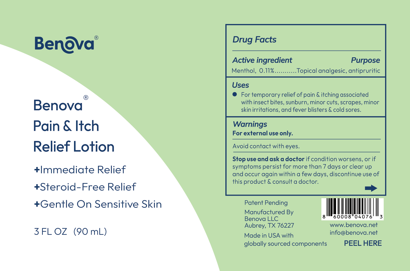 Benova Pain & Itch Relief Lotion packaging with text and product details on a green background