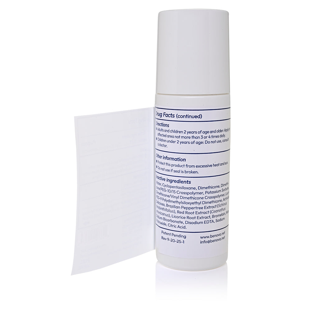 Benova Pain & Itch Relief Lotion interior back label with additional ingredients and directions