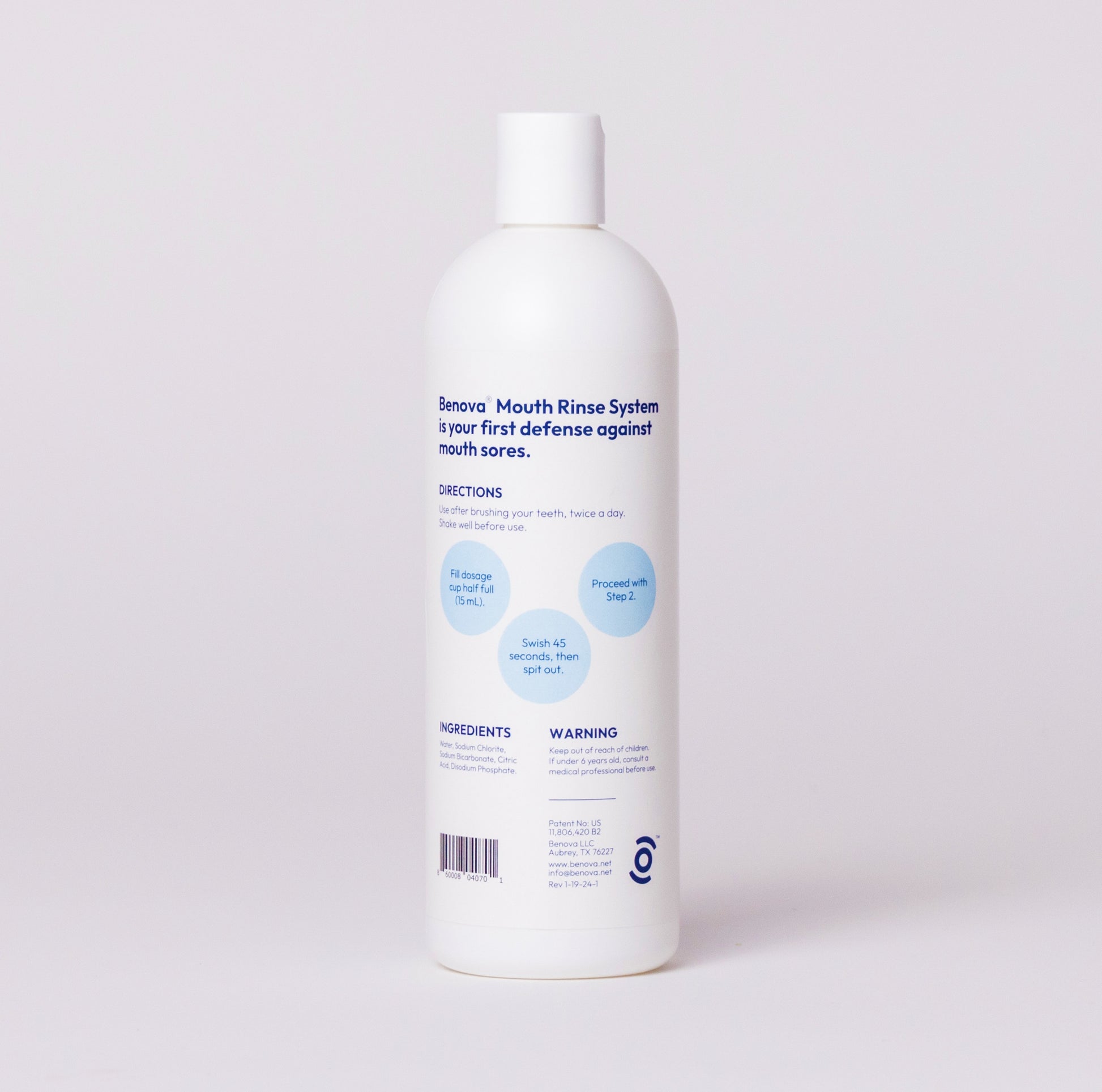 Benova Mouth Rinse Step 1 on white background - back label